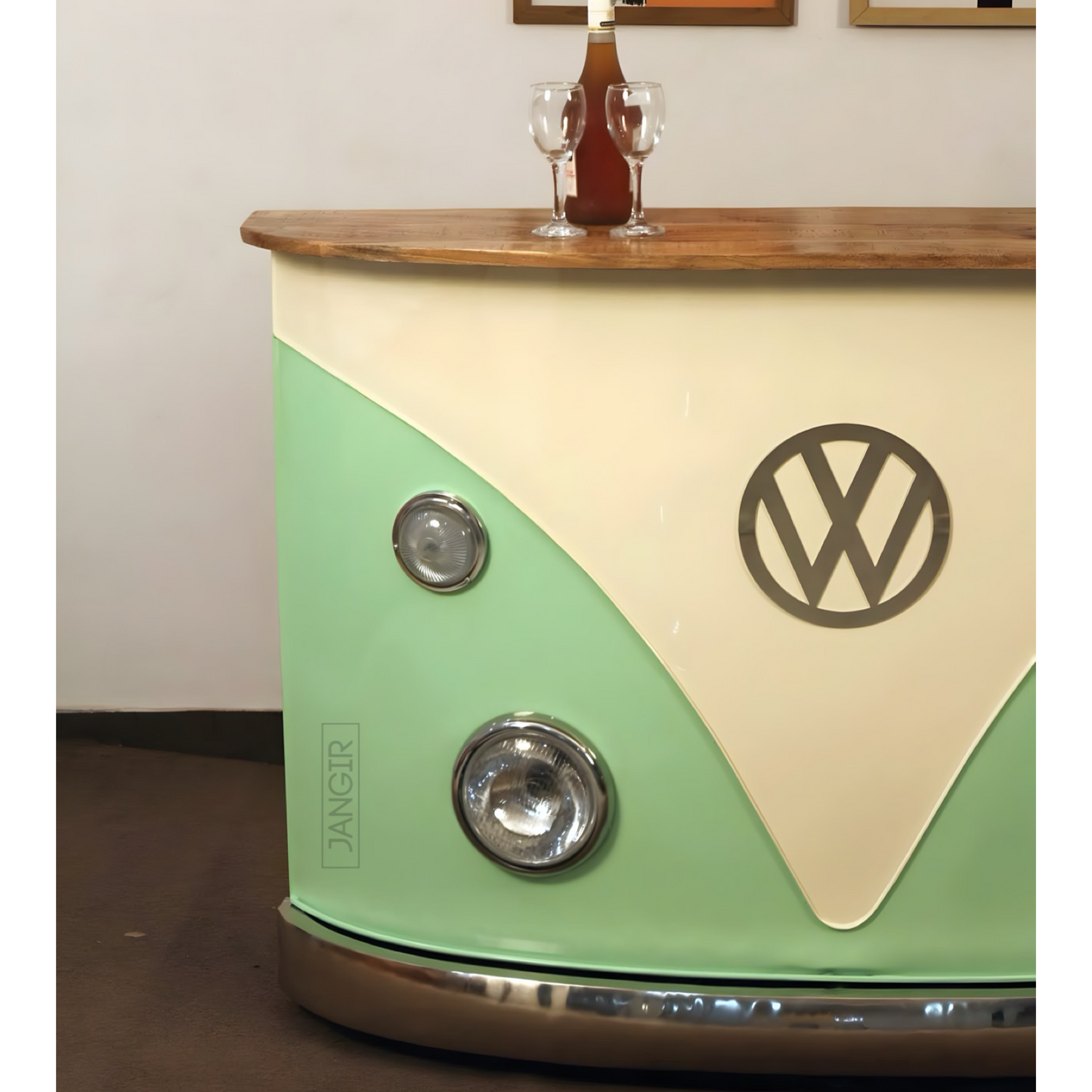 Elevate your home bar, reception or pub space with a unique and durable Vintage Volkswagen counter made from solid wood and metal. Perfect for entertaining guests, shop now!