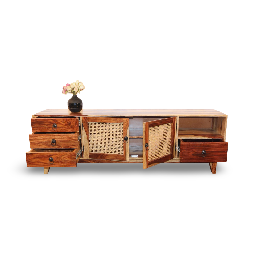 enhance your TV area with our Halter Cane Weaved TV Unit, sheesham wood made. Shop Wooden Wicker / rattan entertainment unit, TV Stand near you in Bangalore