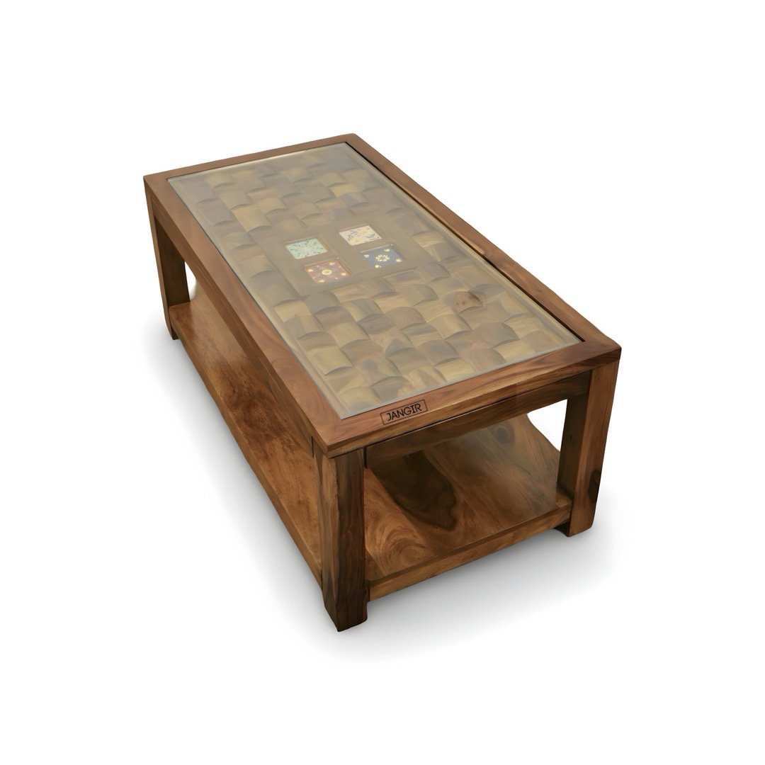 Discover the Niwar Tiles Coffee Table crafted from solid sheesham wood. Shop Traditional Wooden Coffee Table near you in Bangalore!