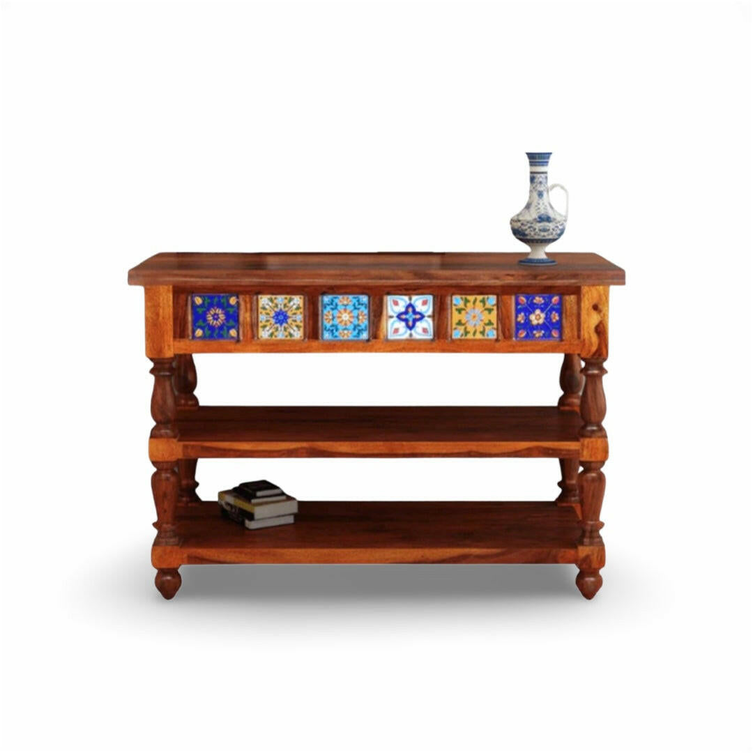 Enhance your Living Room with our Tiles Solid Wood Console Table, sheesham wood made. Buy traditional Console table with Storage near you in Bangalore