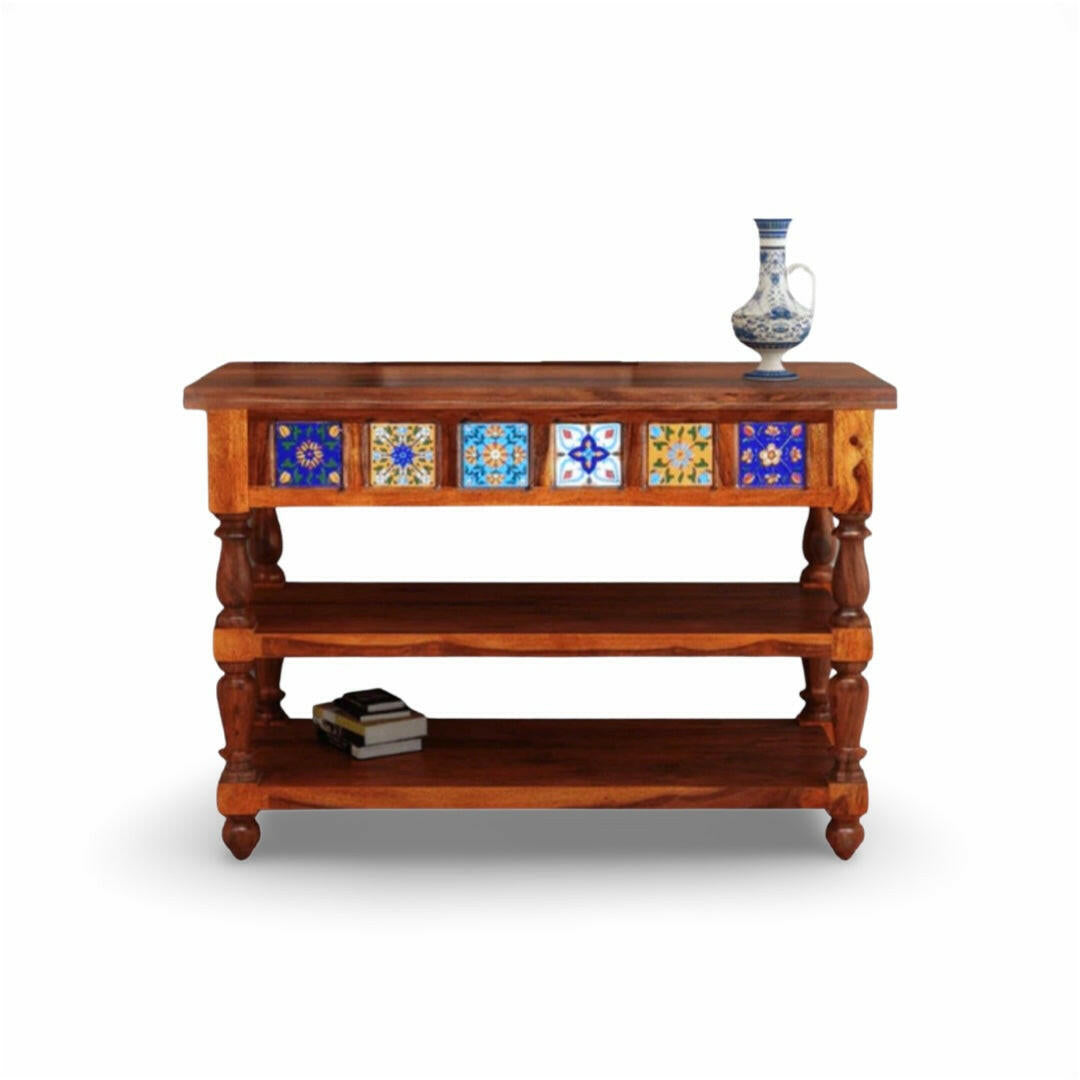 Enhance your Living Room with our Tiles Solid Wood Console Table, crafted from sheesham wood. Buy traditional Console table with Storage for your foyer. Buy now