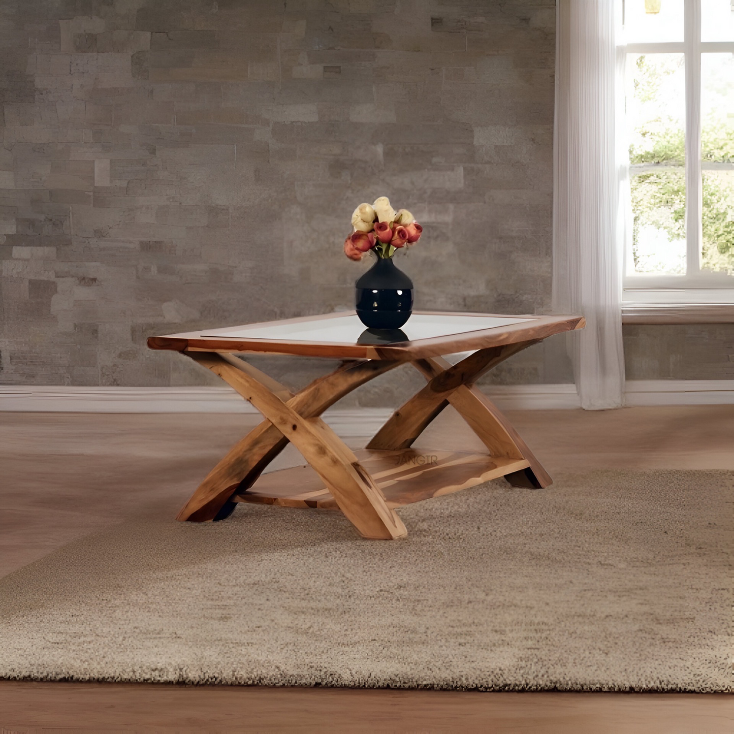Transform your living room with our designer coffee table with open storage and a glass top. Made with sheesham wood. Elevate your home decor with our center tables near you in Bangalore, Shop Now