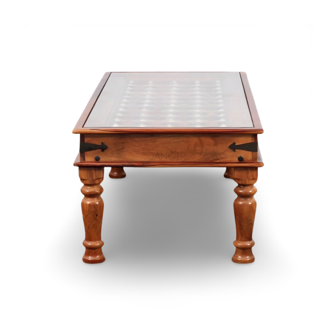 elevate your home with our Antique Carved Door Solid Wood Coffee Table with Vintage style Rajasthani Brass work and stunning carved door style. Upgrade your living room with our center table now !