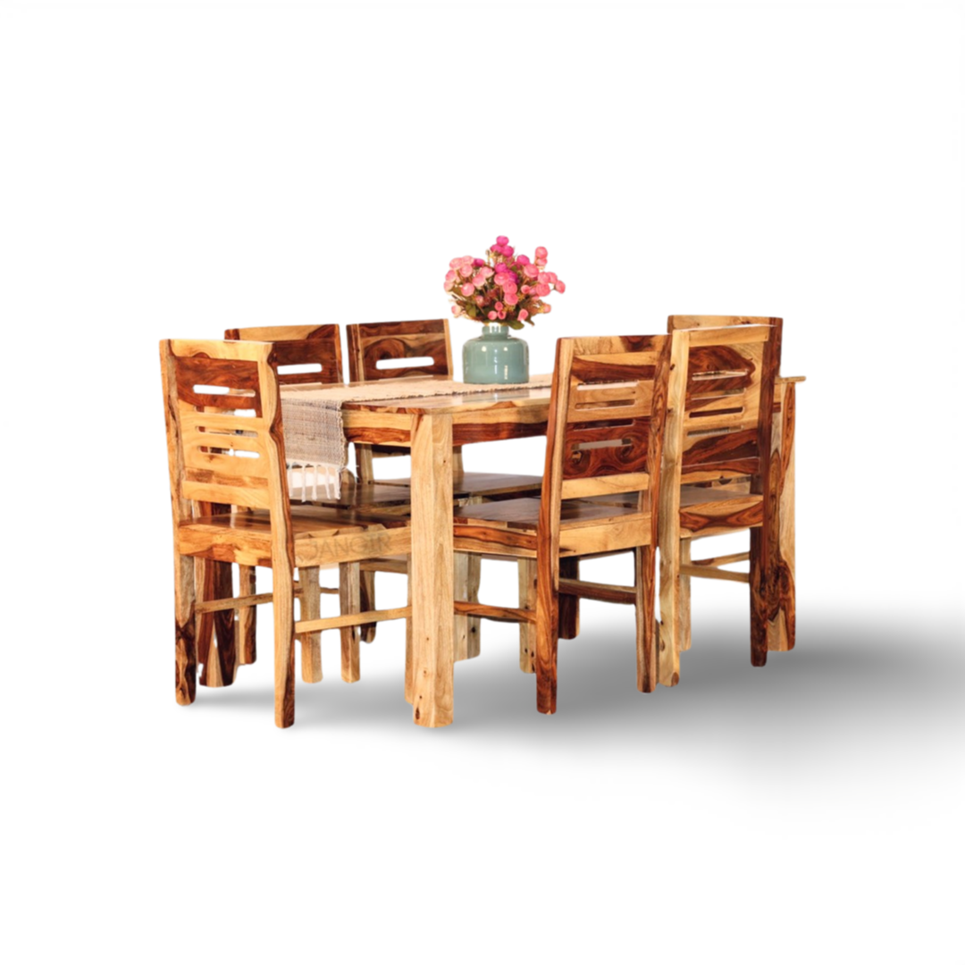 Experience the beauty and durability of solid wood  six seater dining table set with lowest price near you in Bangalore. Made from sheesham wood, adds a touch of sophistication to your home. Shop now!