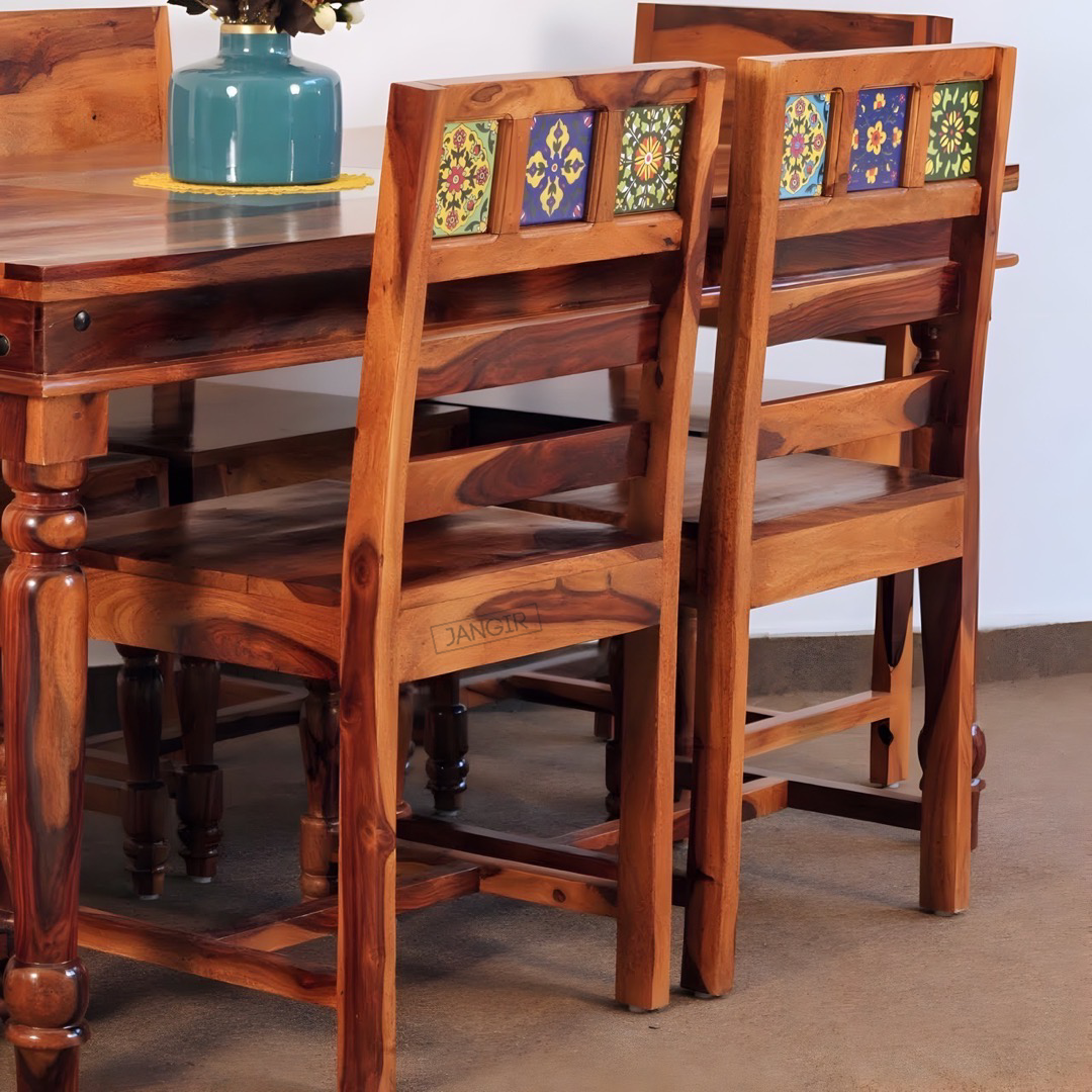 Transform your home into a regal oasis with our authentic Rajasthani-style Tiles dining table sets in Bangalore. Crafted from Sheesham wood, our six-seater and four-seater options Upgrade today!