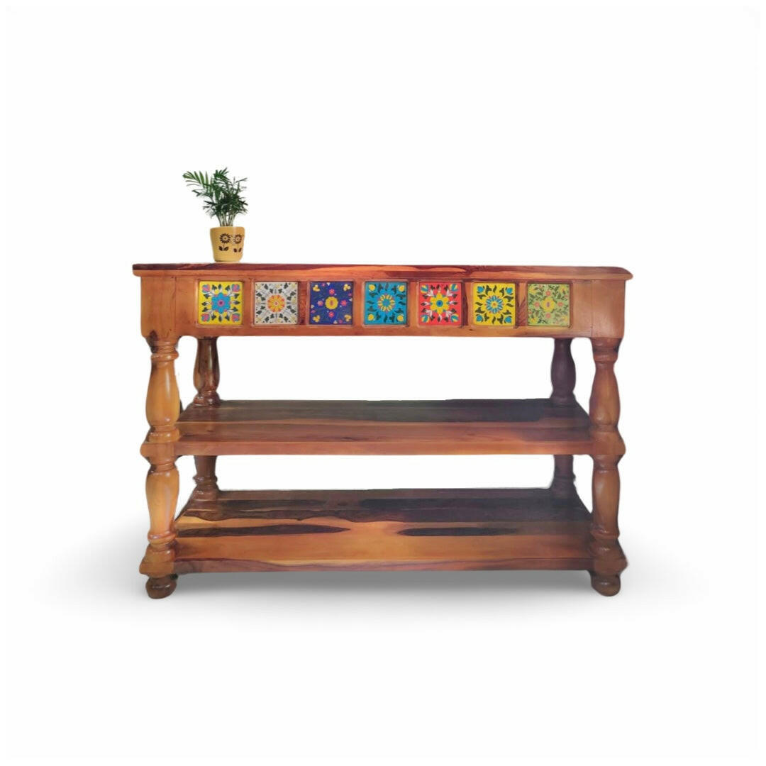 Enhance your hallway with our exquisite console table crafted from sheesham wood! This stunning entryway table with traditional Rajasthani tiles style, perfect for your foyer. Explore our collection.