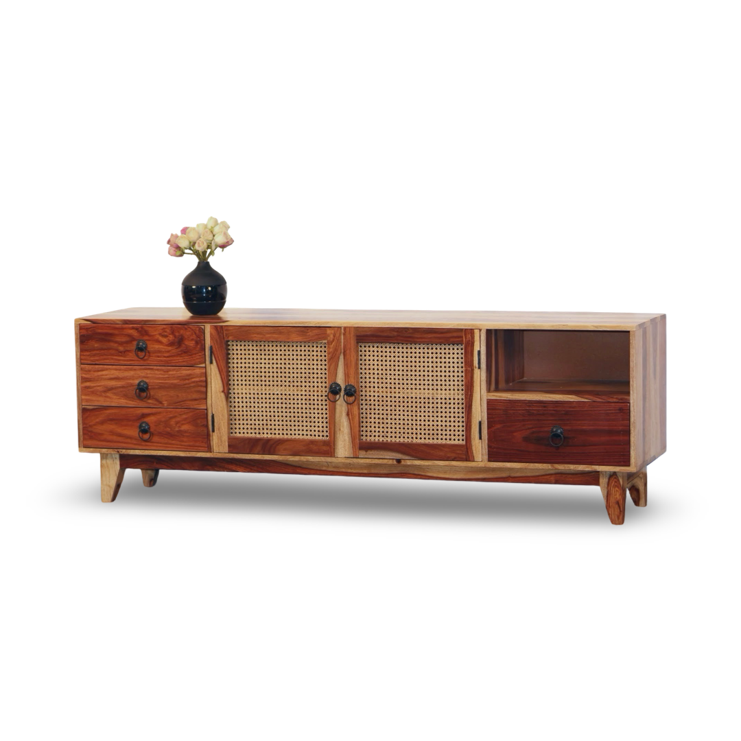 enhance your TV area with our Halter Cane Weaved TV Unit, sheesham wood made. Shop Wooden Wicker / rattan entertainment unit, TV Stand near you in Bangalore