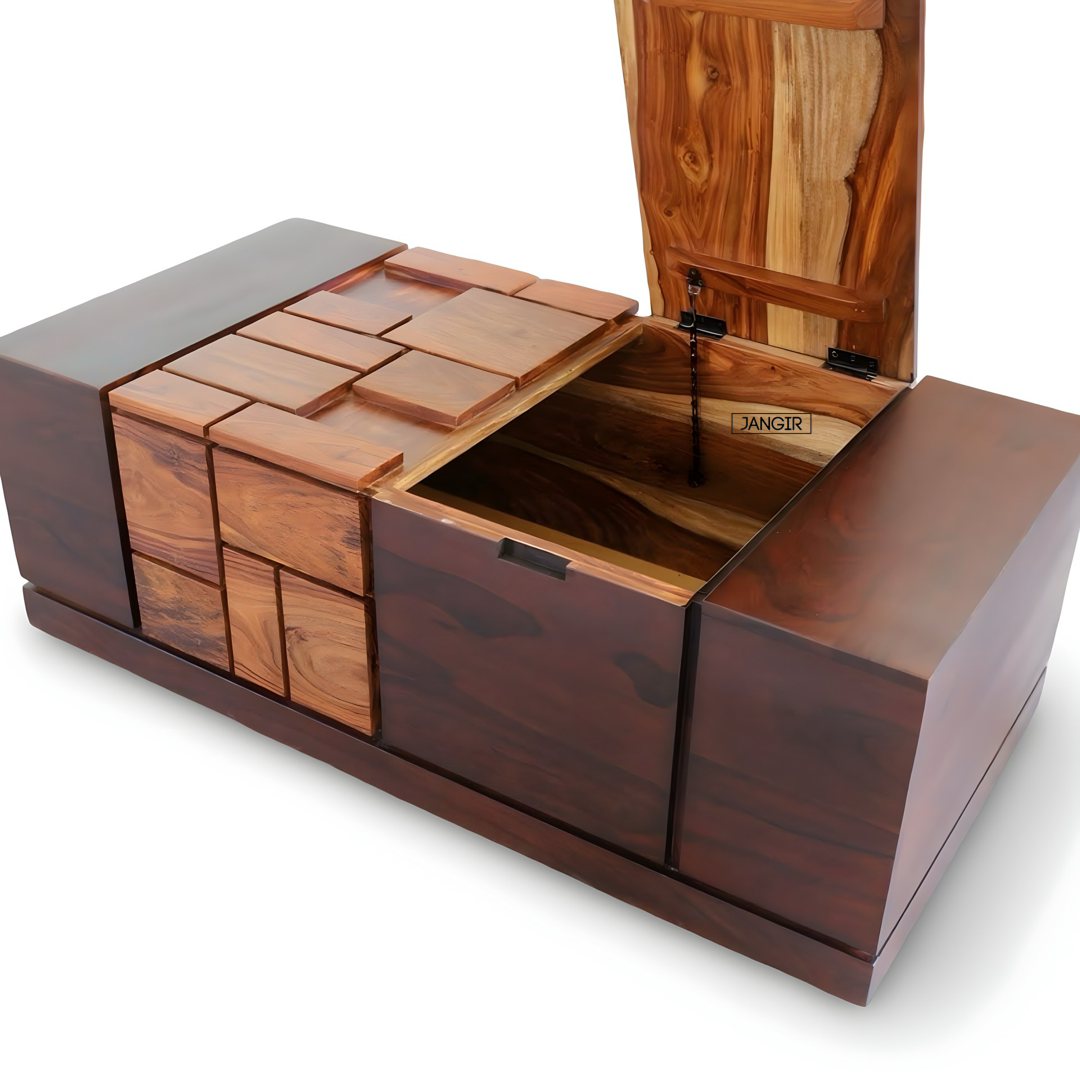 Discover our elegant Sheesham wood unique modern style coffee table with ample storage. Buy modern and stylish wooden coffee table near you in Bangalore