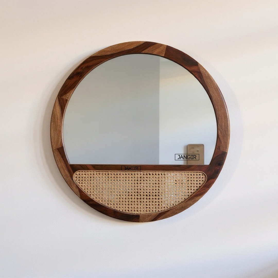 Brighten your space with sheesham wood and natural cane made round Mailla Cane Wall Mirror. Buy decorative wall mirror near you in Bangalore for home décor!