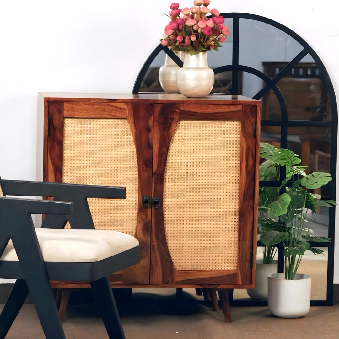 Upgrade your living room with our Mewar Cane Cabinet With Two Doors, made from sheesham wood. Buy Wicker/ Rattan Cabinet for living room near you in Bangalore