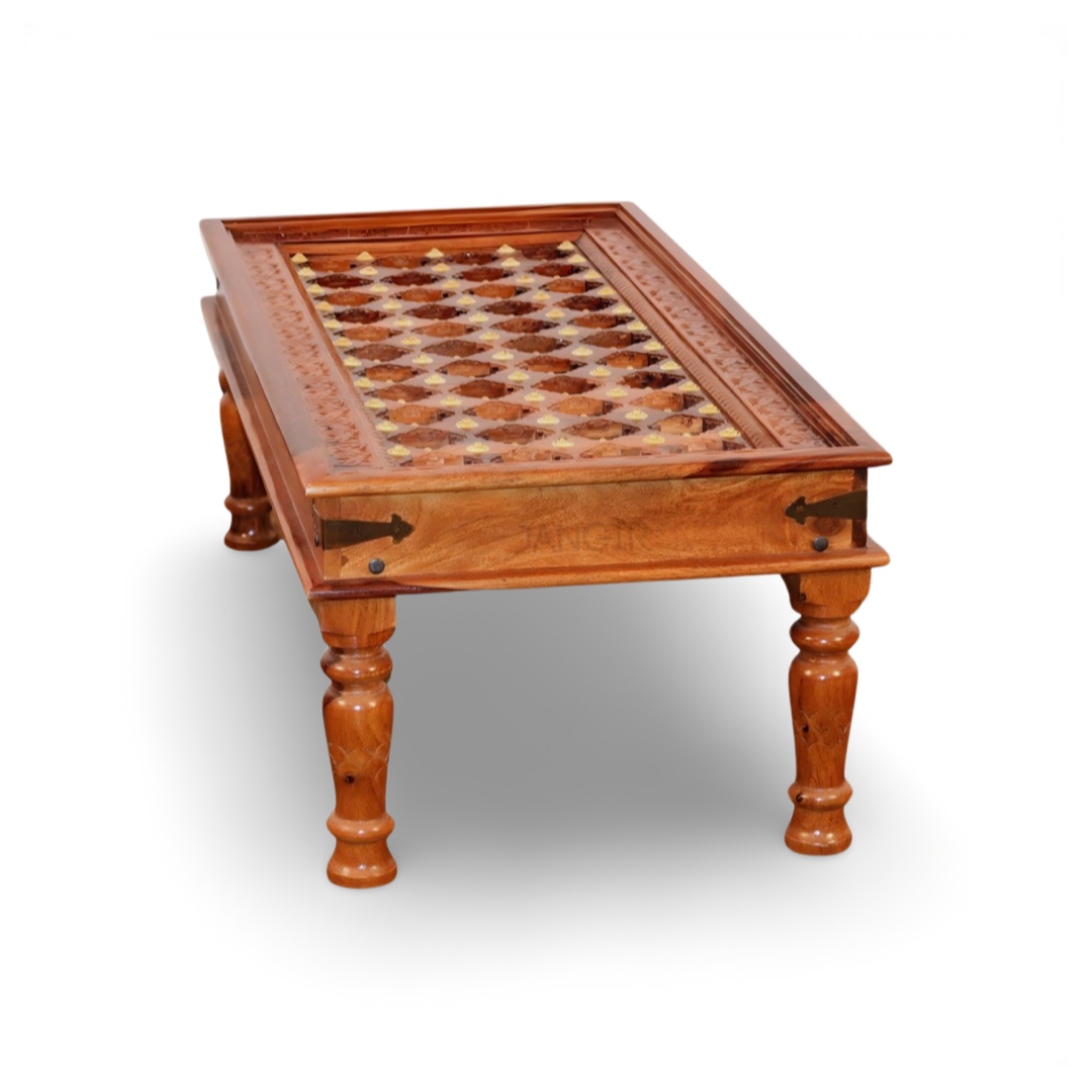 elevate your home with our Antique Carved Door Solid Wood Coffee Table with Vintage style Rajasthani Brass work and stunning carved door style. Upgrade your living room with our center table now !