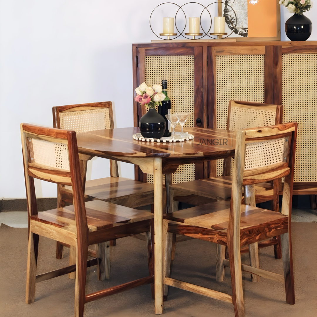 Elevate your dining experience with Megan Round Dining Table Set, crafted from sheesham wood. Buy wicker or rattan four seater  dining table today !