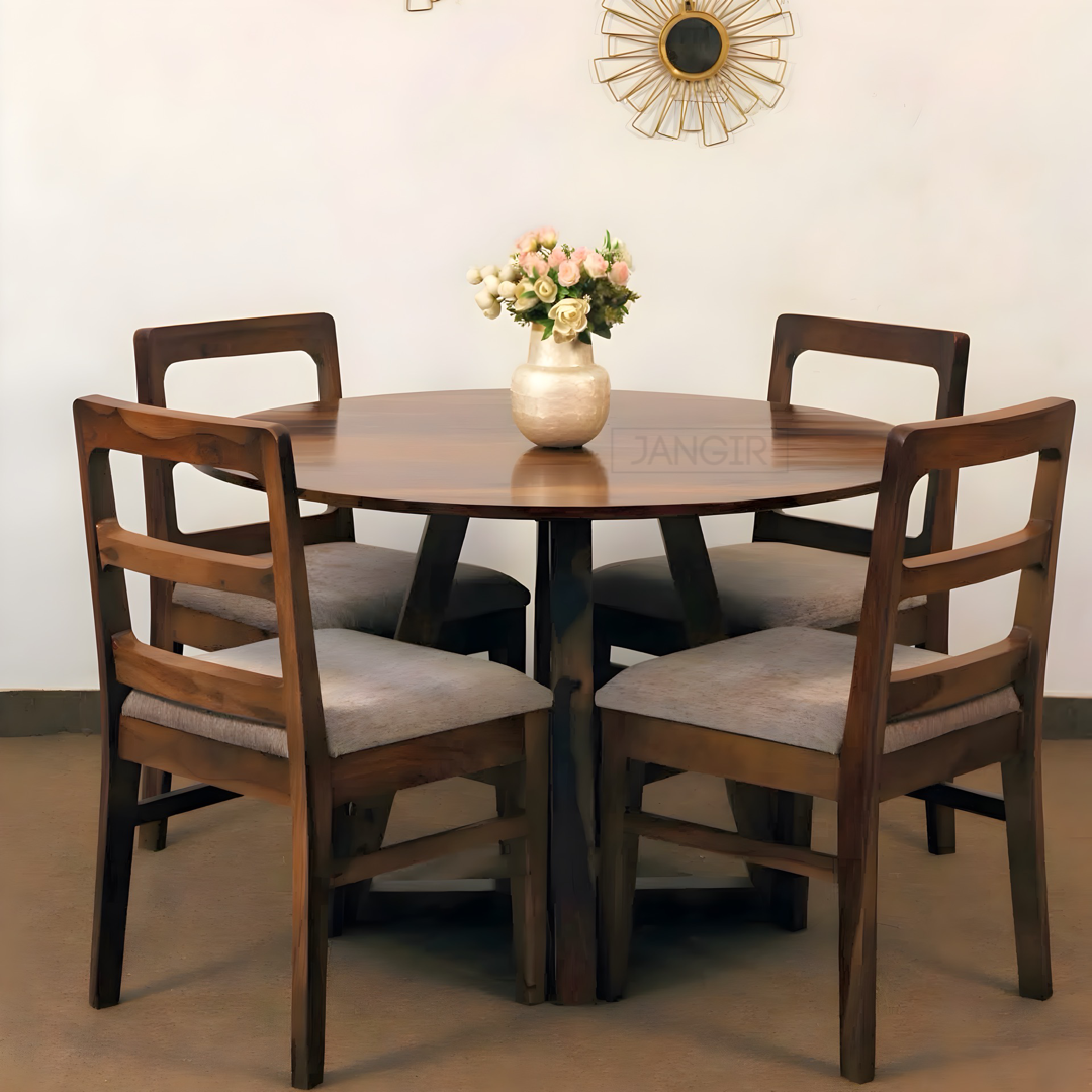 Upgrade your dining experience with Stear Round Dining Table Set made from sheesham wood, ensure durability and modern style with this four seater dining table set. Elevate your dining room now.