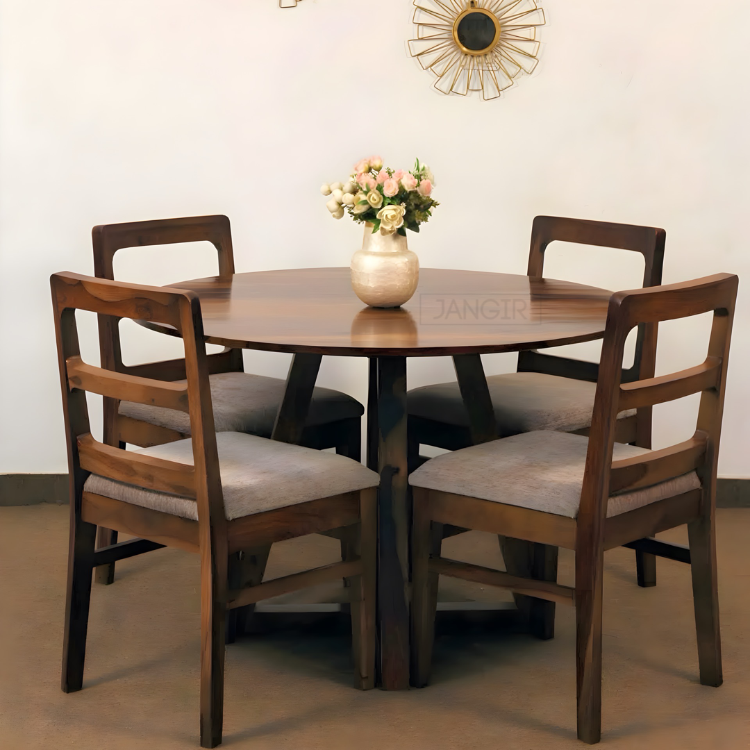 Upgrade your dining experience with Stear Round Dining Table Set, made from sheesham wood. Buy modern four seater round dining table near you in Bangalore !
