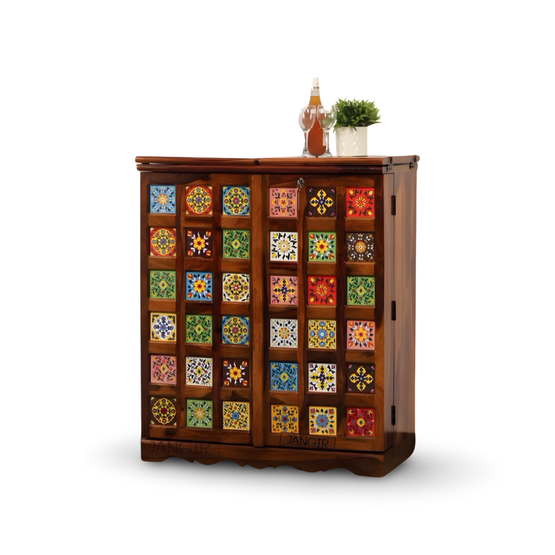 Elevate your home bar with a stunning Tiles Bar Cabinet featuring traditional tiles design, made with sheesham wood. Upgrade your space now, buy now near you in Bangalore !