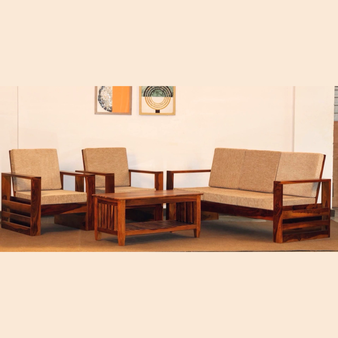 Elevate your living room with our Sleeker Solid wood sofa set, made with sheesham wood. Buy durable & budget-friendly sofa for modern home near you in Bangalore