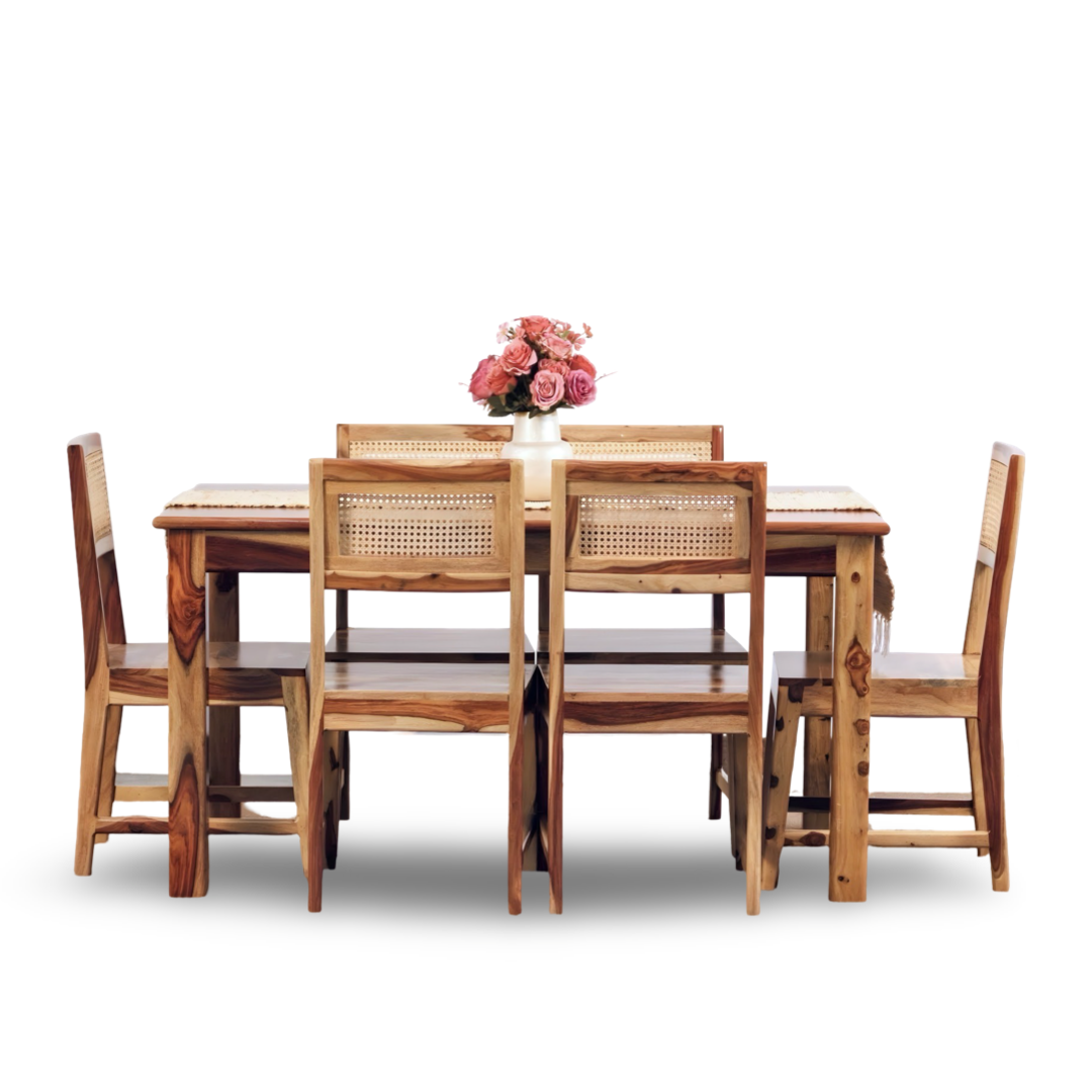 Transform your dining room with Megan Solid Wood Cane Dining Chair, made from Sheesham wood. Shop stylish & durable cane dining chair near you in Bangalore!