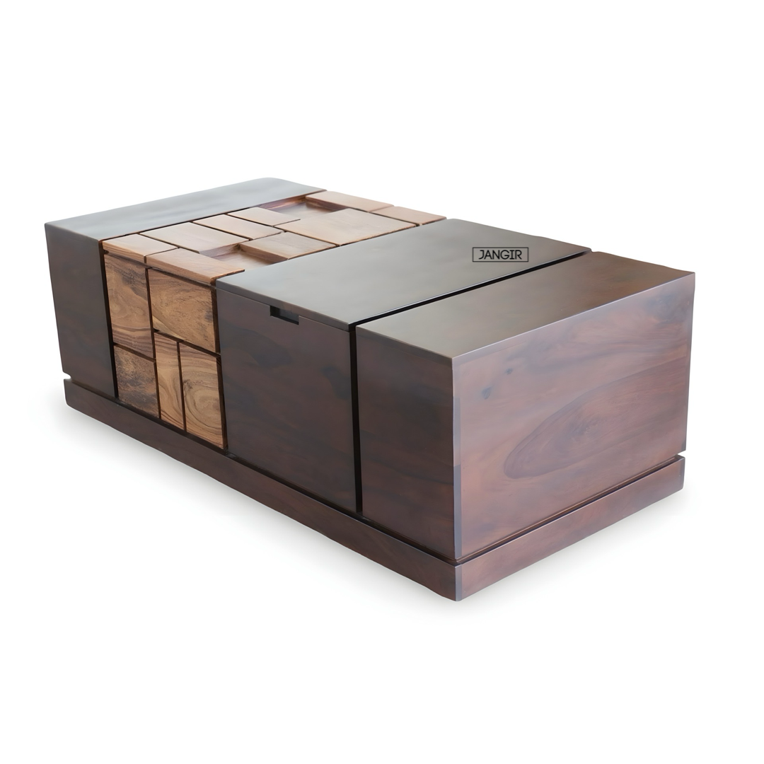 Discover our elegant Sheesham wood unique modern style coffee table with ample storage. Buy modern and stylish wooden coffee table near you in Bangalore