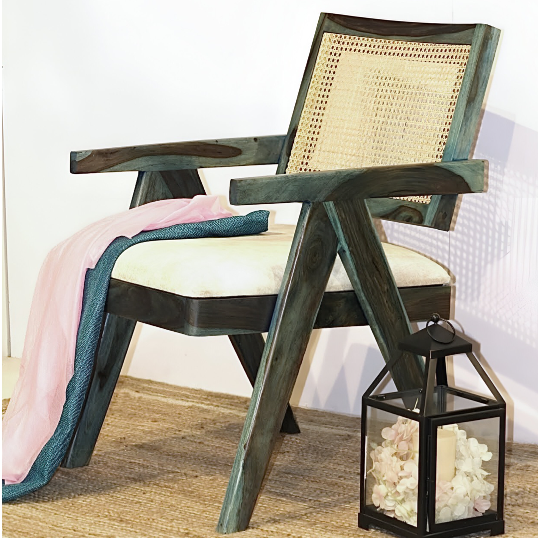 Upgrade your living room with our Blue Stained Wooden Cane Chair. Made sheesham wood. Experience the joy of comfortable sitting with Chair Rattan / Wicker Chair