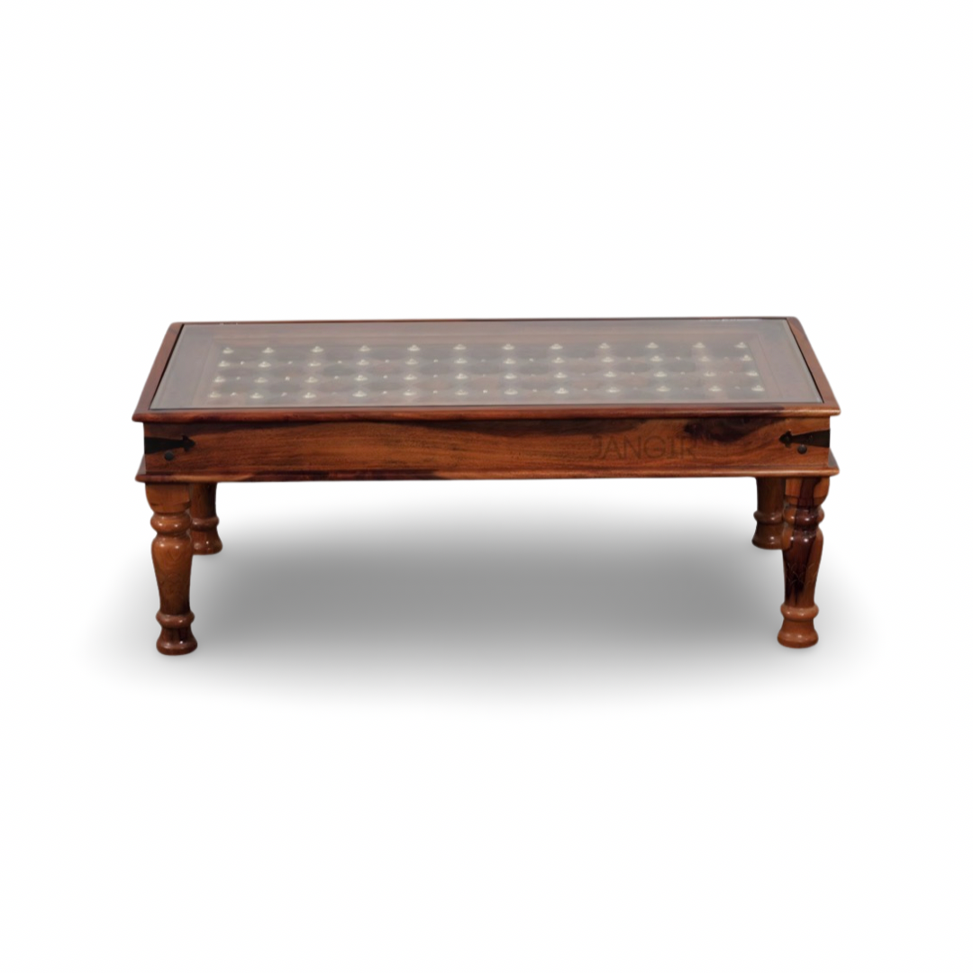 elevate your home with our Antique Carved Door Solid Wood Coffee Table with Vintage style Rajasthani Brass work and stunning carved door style. Upgrade your living room with our center table now !