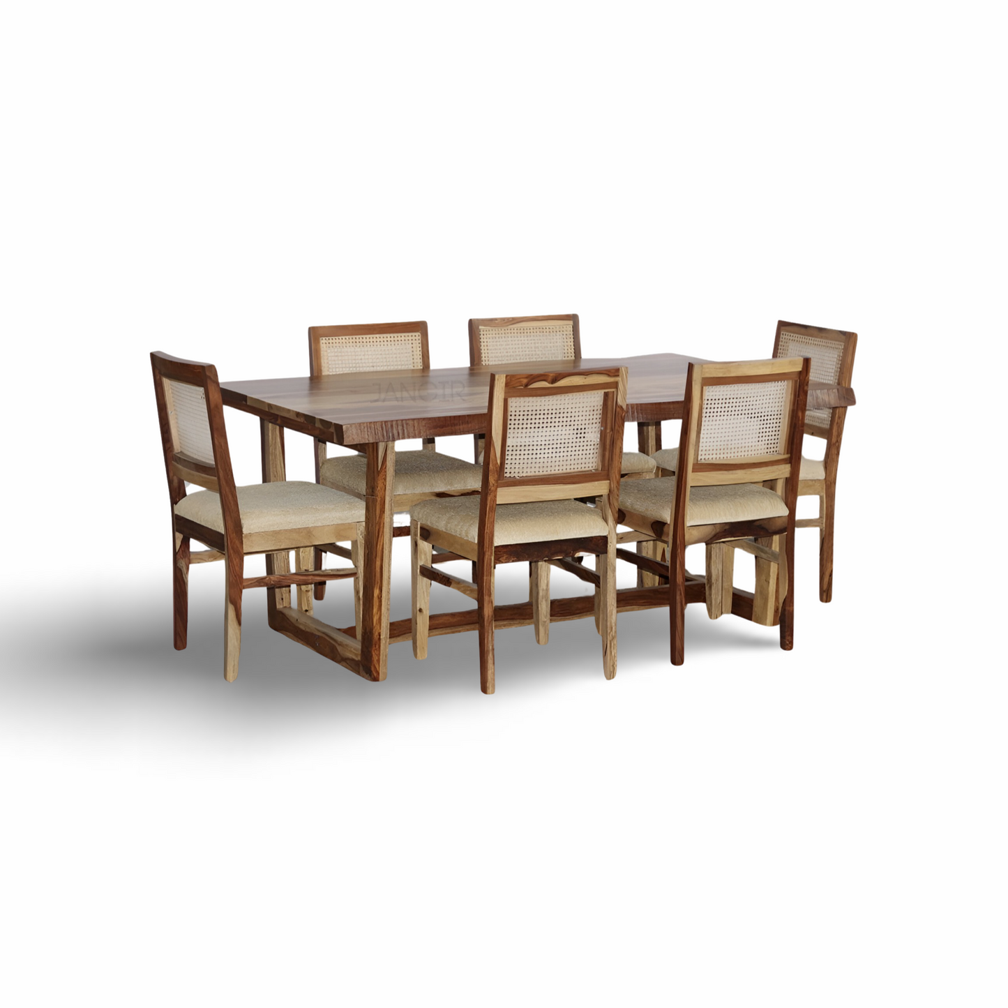 Transform your dining room with Sheesham wood made Rover live edge dining table with cane weave chairs. Buy six seater live edge dining table in India