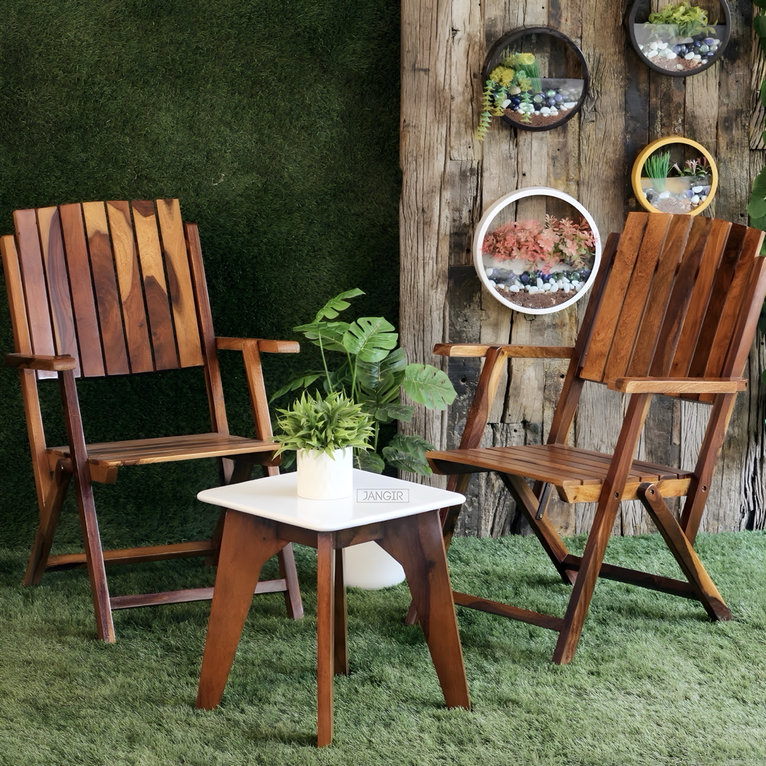 Elevate your outdoor space with our sheesham wood Terrace Outdoor Chair Table Set. Buy folding designed chair table set for your balcony near you in Bangalore!