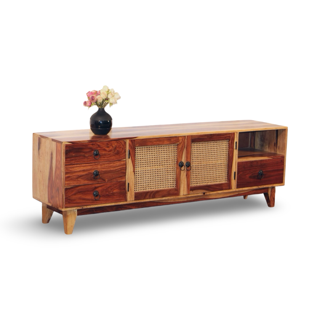 enhance your TV area with our Halter Cane Weaved TV Unit, sheesham wood made. Shop Wooden Wicker / rattan entertainment unit, TV Stand near you in Bangalore