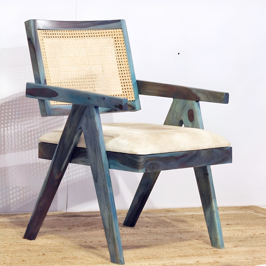 Upgrade your living room with our Blue Stained Wooden Cane Chair. Made sheesham wood. Experience the joy of comfortable sitting with Chair Rattan / Wicker Chair