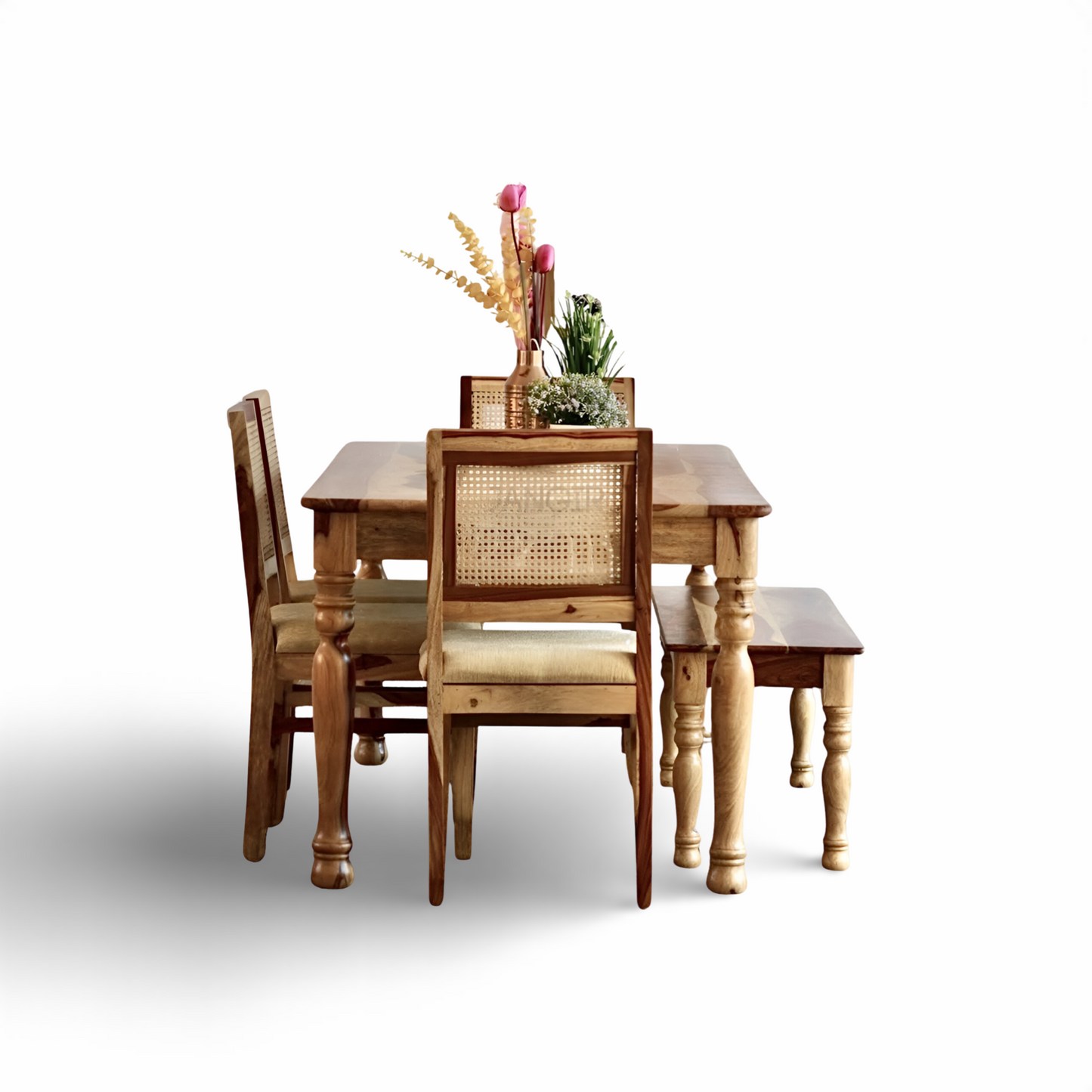 Upgrade Your Dining Space with a Stylish Round Leg Dining Table and Cane Weave Chairs! Discover our six-seater sheesham wood dining table set for a premium touch near you in Bangalore, Shop today!