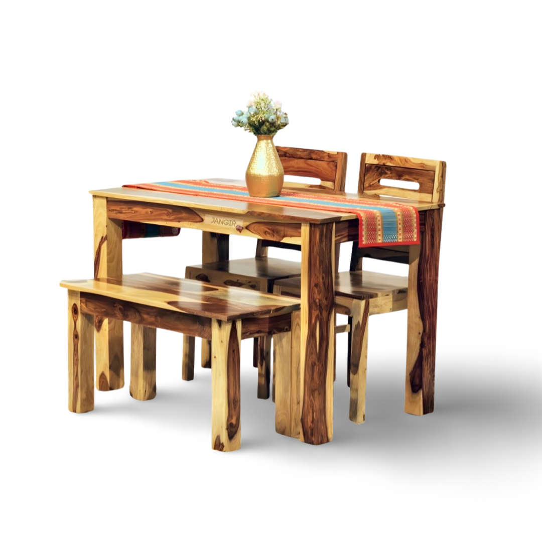 Elevate your dining room with our Apple Solid Wood Dining Table Set with bench, made with sheesham wood. Buy lowest price four seater dining table in Bangalore