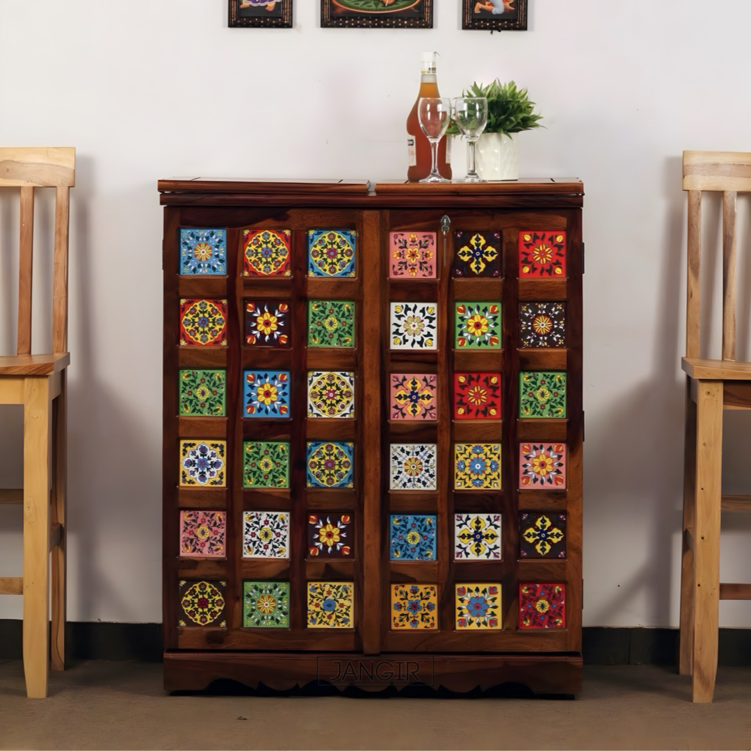 Elevate your home bar with a stunning Tiles Bar Cabinet featuring traditional tiles design, made with sheesham wood. Upgrade your space now, buy now near you in Bangalore !