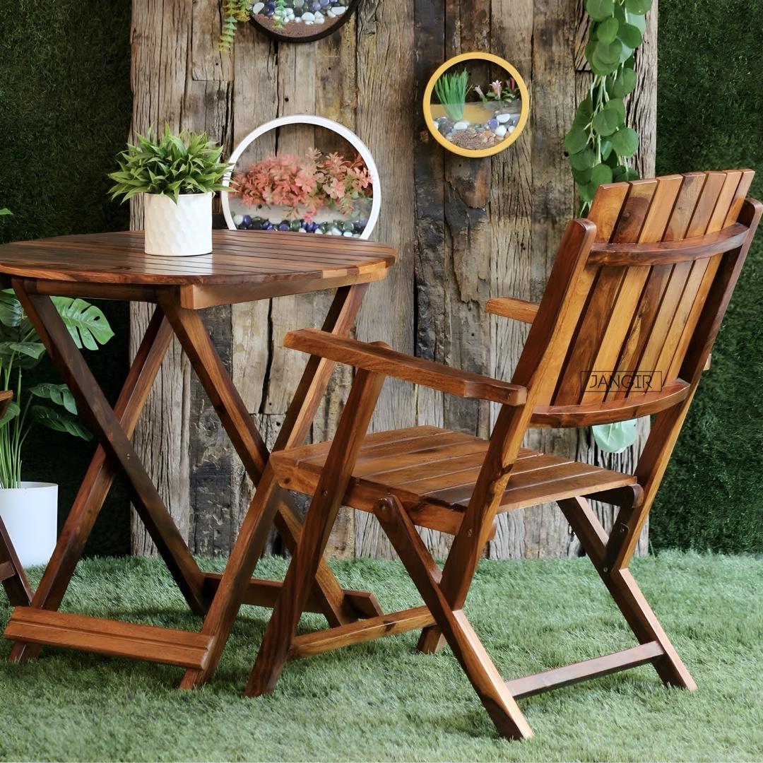 Elevate your outdoor space with our Chair Table Set, sheesham Wood made Folding designed to add style and functionality to any balcony or garden area. Buy online or in-store now!