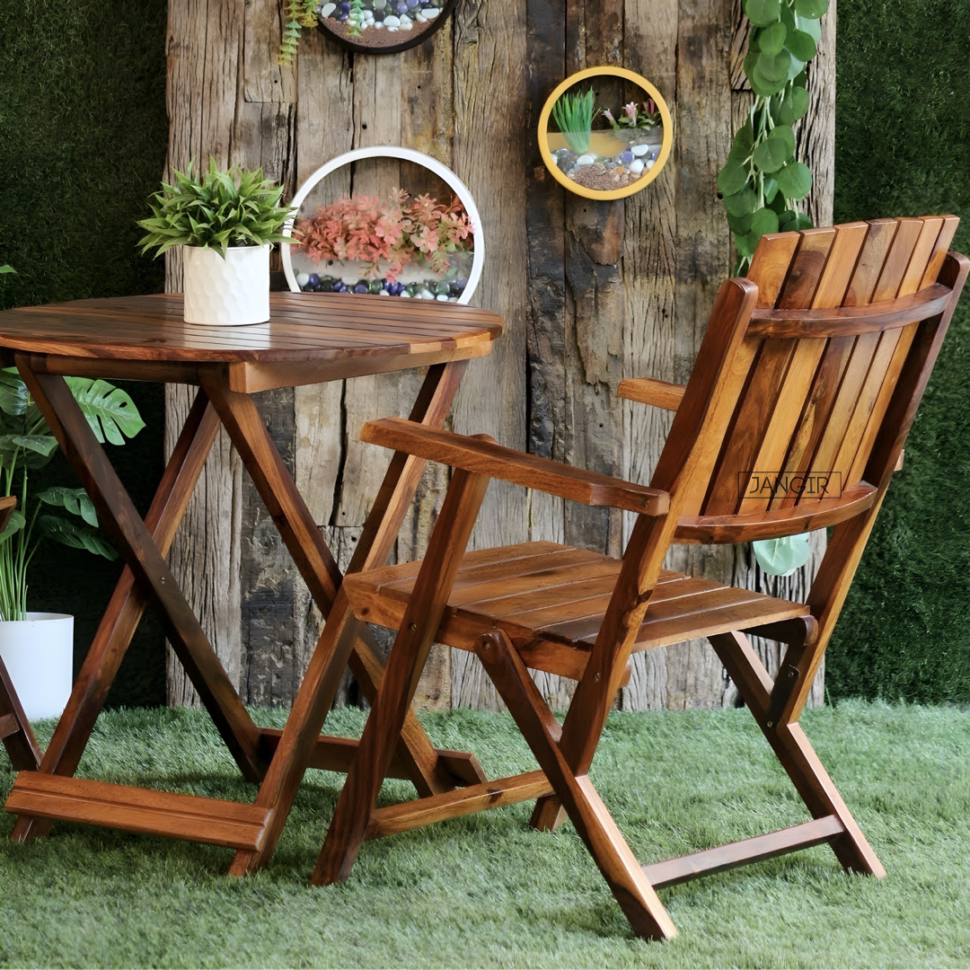 Elevate your outdoor space with our sheesham wood Terrace Outdoor Chair Table Set. Buy folding designed chair table set for your balcony near you in Bangalore!