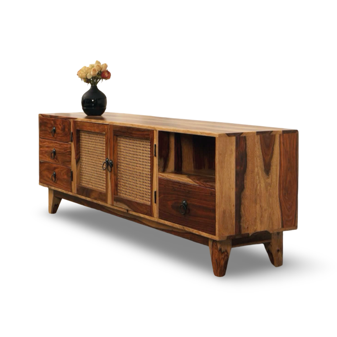 enhance your TV area with our Halter Cane Weaved TV Unit, sheesham wood made. Shop Wooden Wicker / rattan entertainment unit, TV Stand near you in Bangalore