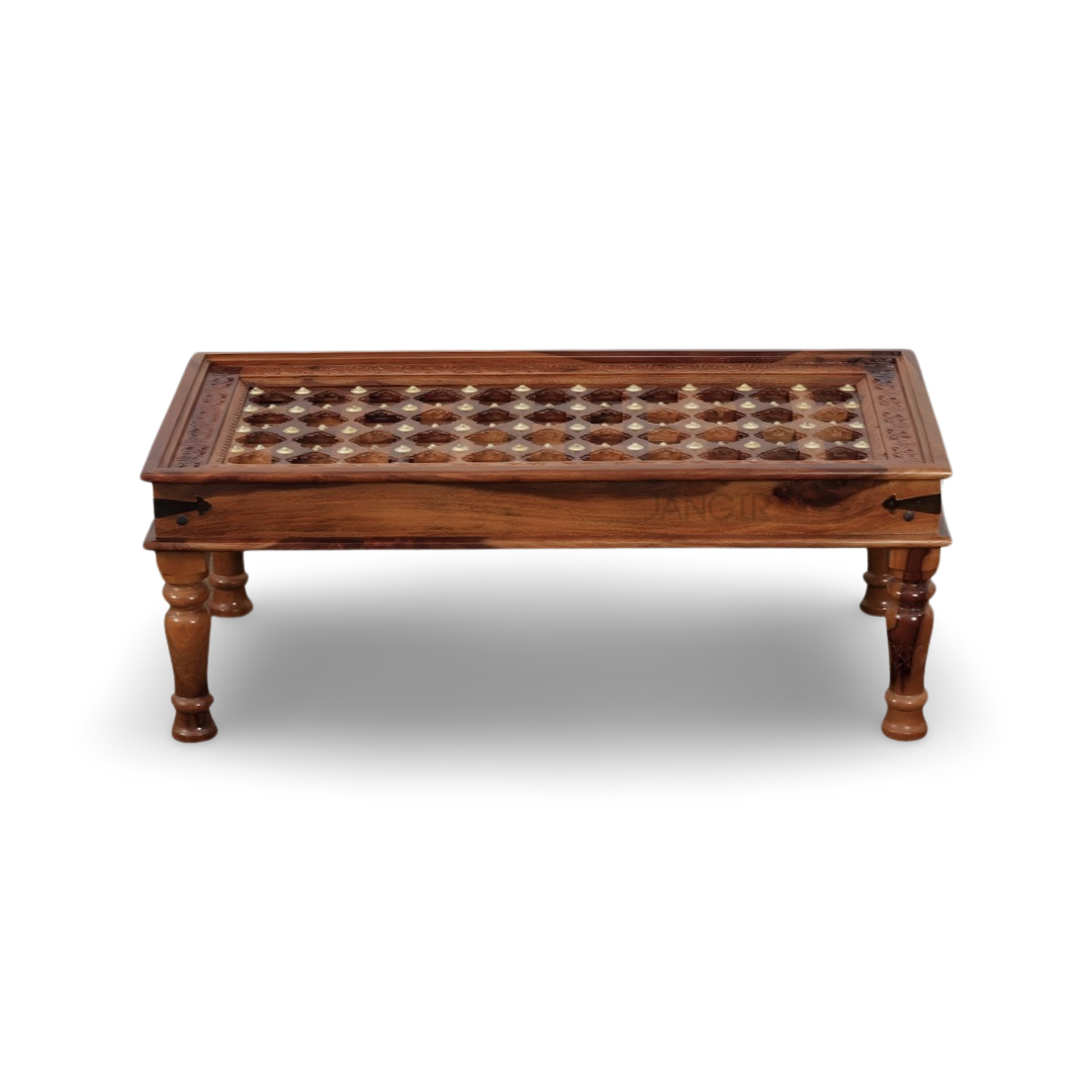 elevate your home with our Antique Carved Door Solid Wood Coffee Table with Vintage style Rajasthani Brass work and stunning carved door style. Upgrade your living room with our center table now !