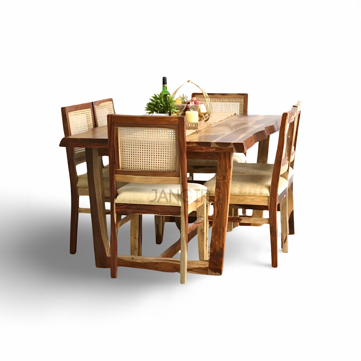 Indulge in a touch of nature's with our live edge dining table with cane weave chairs. Crafted from Sheesham wood, Discover the perfect six-seater dining set to transform your dining room, Shop now!