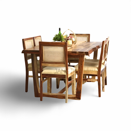 Transform your dining room with Sheesham wood made Rover live edge dining table with cane weave chairs. Buy six seater live edge dining table in India