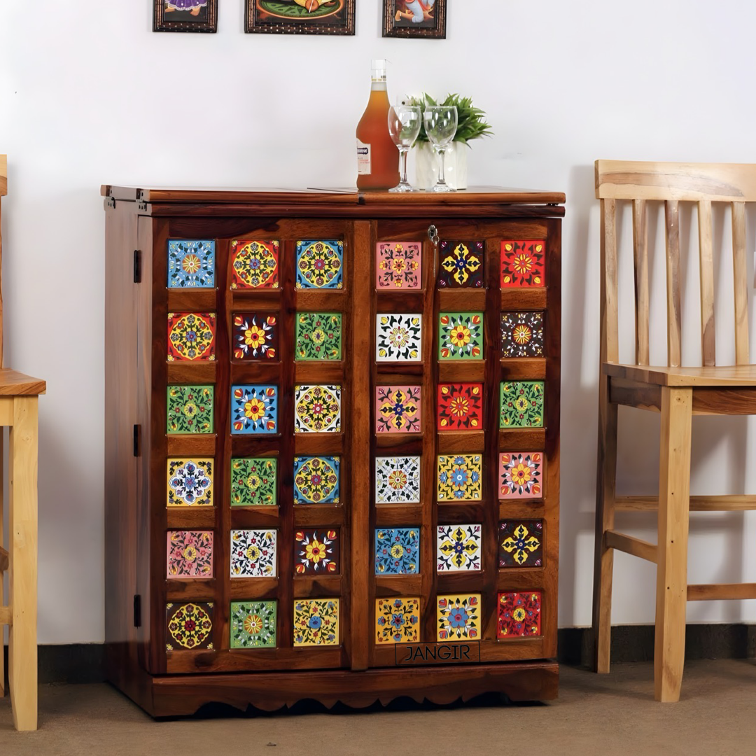 Elevate your home bar with a stunning Tiles Bar Cabinet featuring traditional tiles design, made with sheesham wood. Upgrade your space now, buy now near you in Bangalore !