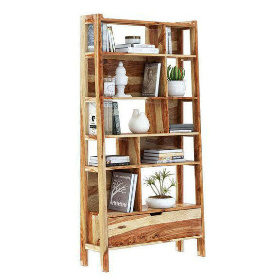 Alta Solid Wood Bookcase with Drawer - the perfect addition to any living room or bedroom! This solid wood book self is both stylish and multi-functional, featuring an eye-catching sheesham wood design and plenty of storage space. It is ideal for your family's library or as a attractive display case for your kid’s favorite books. 