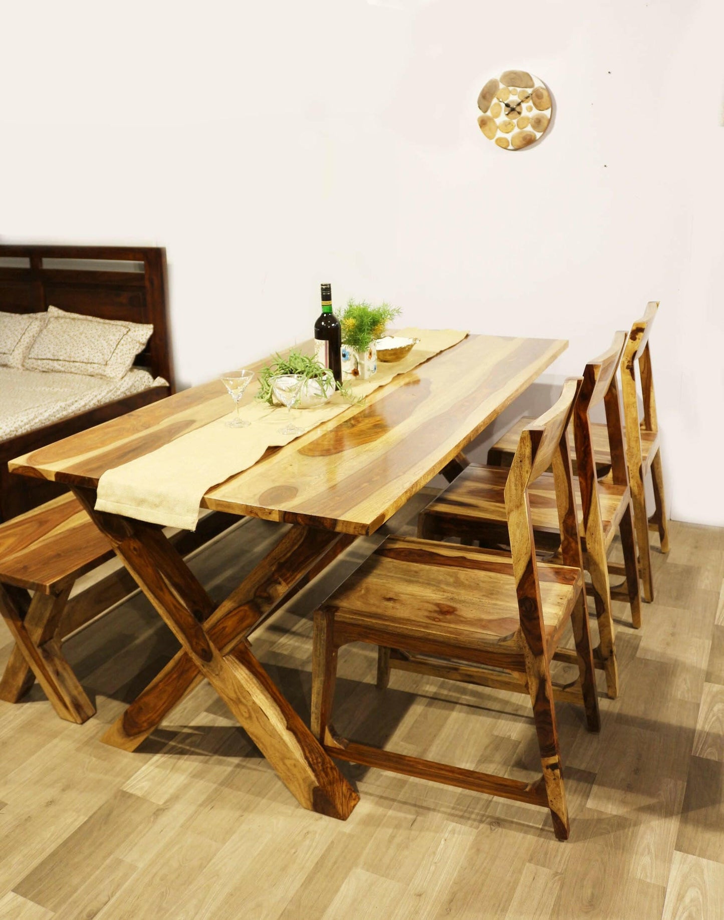 Looking for a space saving and stylish dining table set? Buy our space saving sheesham wood Liner Dining Set With Bench near you in Bangalore.