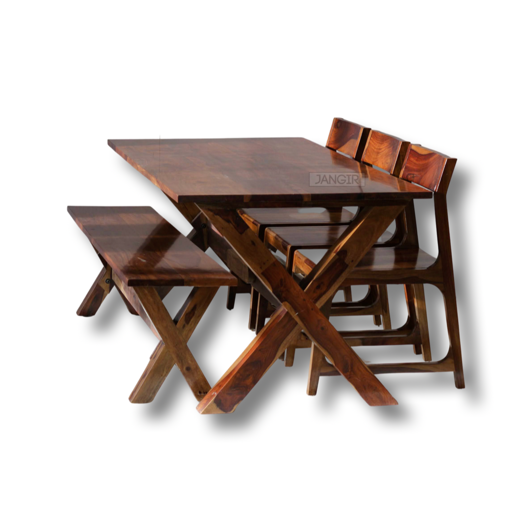 Looking for a space saving and stylish dining table set? Buy our space saving sheesham wood Liner Dining Set With Bench near you in Bangalore.