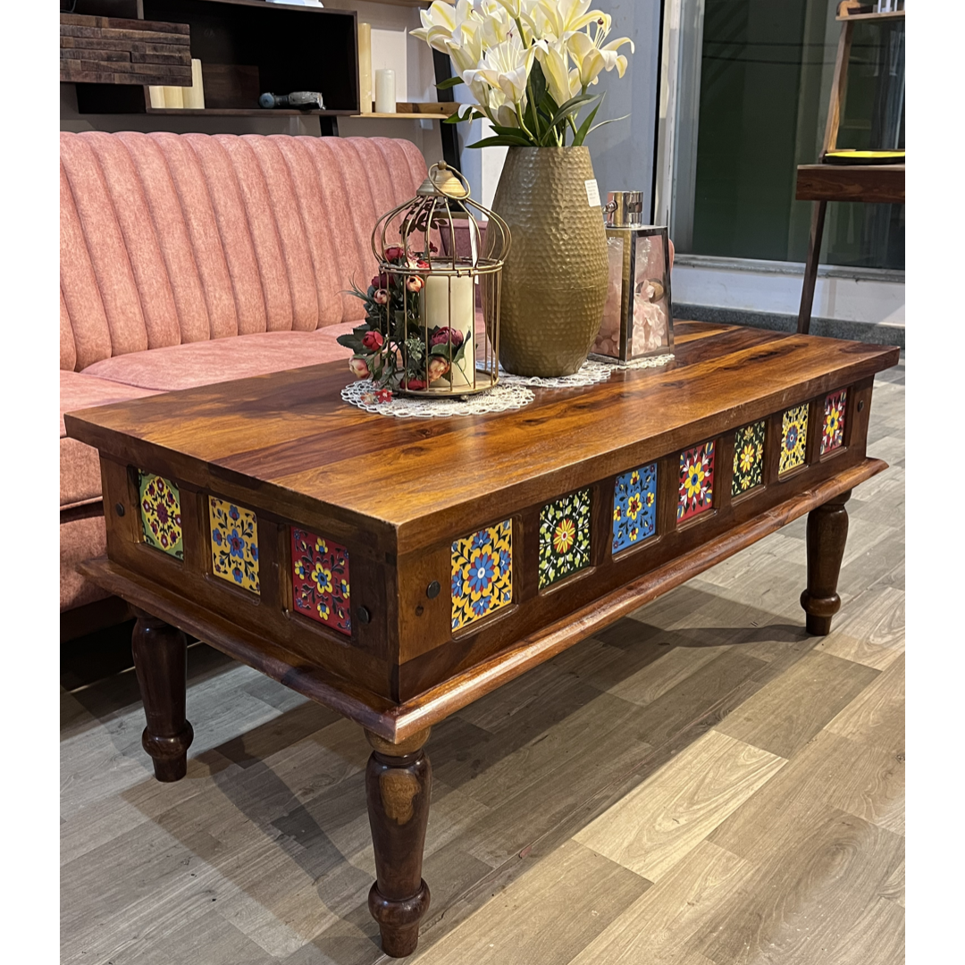 Elevate your living space with stunning sheesham wood coffee tables featuring intricate Rajasthani tile designs. Explore our center table curated selection for a touch of tradition in Bangalore.