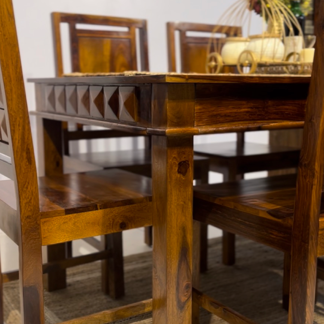 Elevate your dining room with our modern diamond dining set, made with sheesham wood. Buy six & four seater modern wooden dining tables near you in Bangalore!