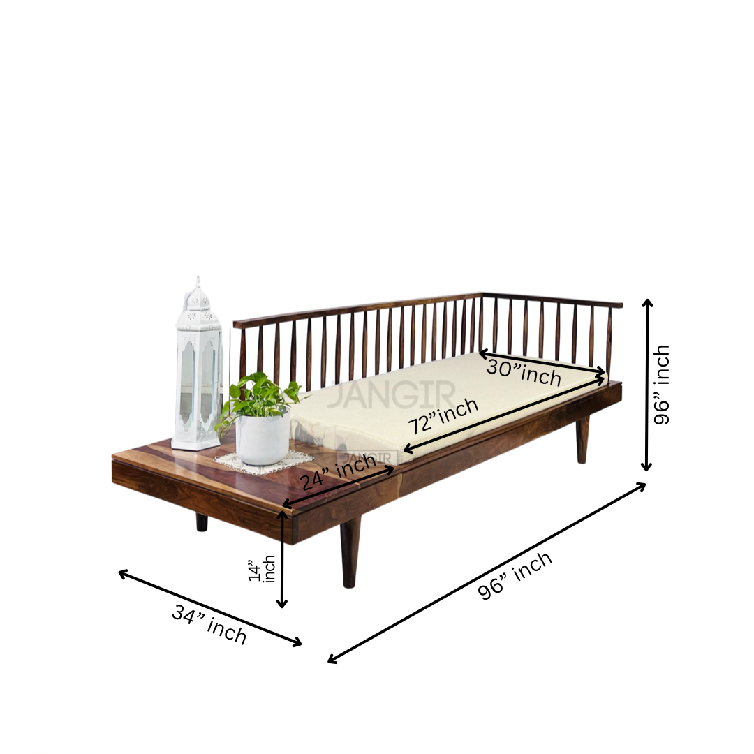 Grills Daybed! This wooden daybed is the perfect addition to any living space. Crafted from solid shessham wood, this designer daybed delivers no-nonsense charm and style with its mid-century inspired design. Its traditional rectangular shape with subtle arched sides adds a touch of finesse and elegance to any room.