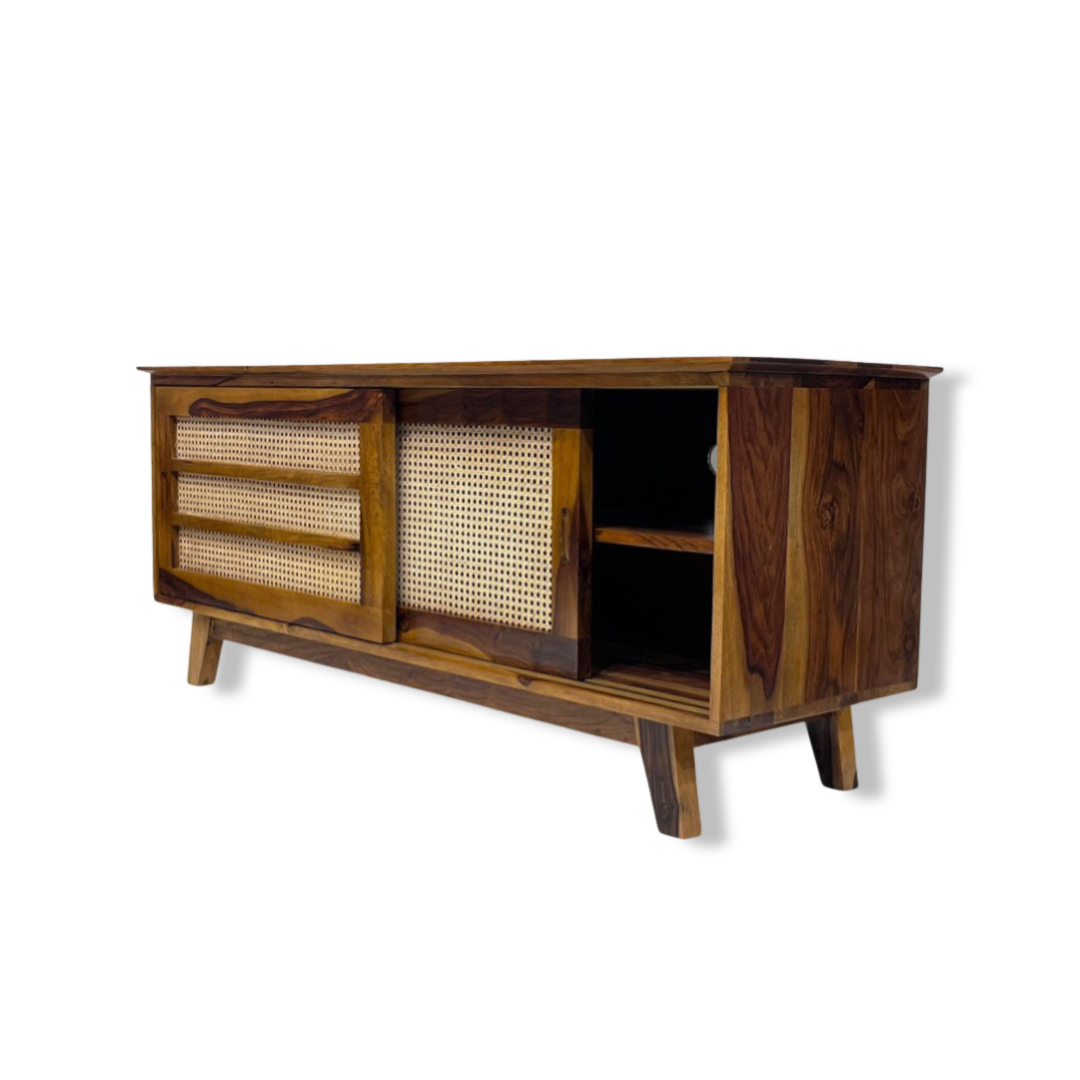 Upgrade your living room with our Natural Cane Weaved Solid Wood TV Unit, made with sheesham wood. Shop Wicker & rattan TV stand / Unit near you in Bangalore