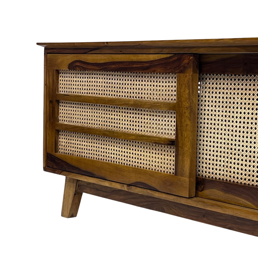 Upgrade your living room with our Natural Cane Weaved Solid Wood TV Unit, made with sheesham wood. Shop Wicker & rattan TV stand / Unit near you in Bangalore