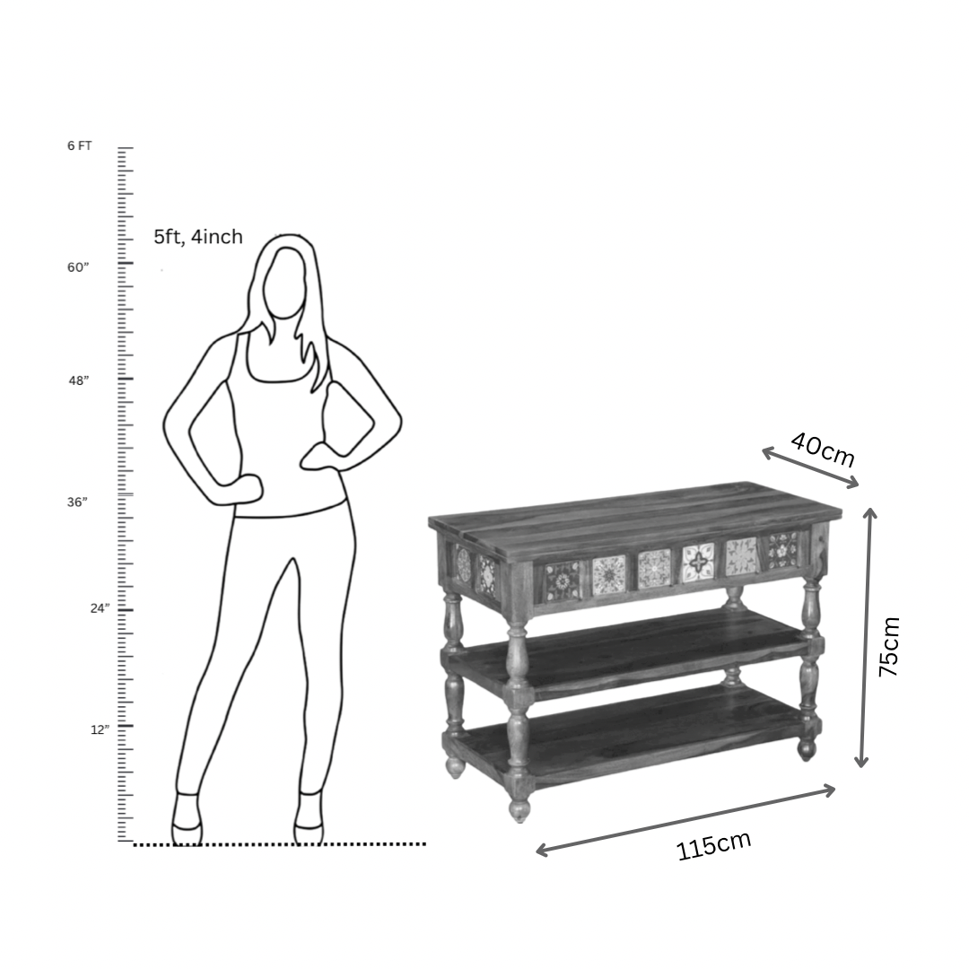 Enhance your hallway with our exquisite console table crafted from sheesham wood! This stunning entryway table with traditional Rajasthani tiles style, perfect for your foyer. Explore our collection.