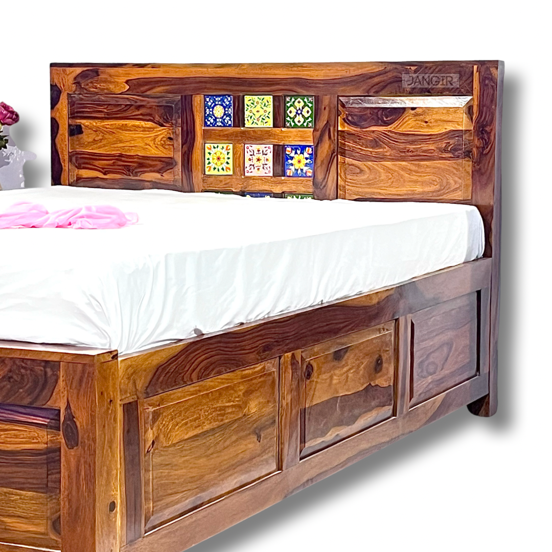 Elevate your bedroom with our Tiles Plane Solid Wood Storage Bed, made with sheehsam wood. Buy ceramic tile designs king or queen size double bed in Bangalore