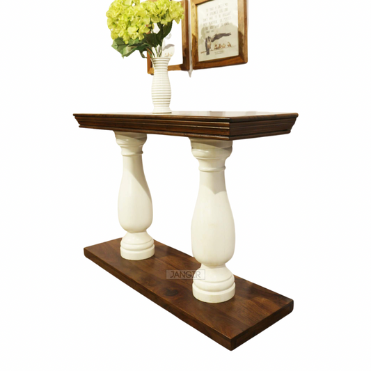 Elevate your living room with our durable and stylish Royal console table, made from sheesham wood with white solid round legs. Add a touch of elegance today!