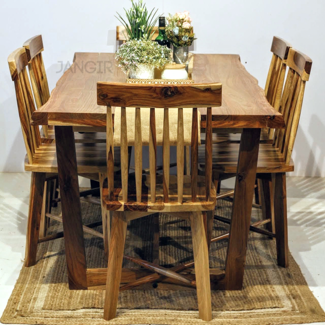 Elevate your dining room with Our sheesham wood made Alexa Live edge Dining Table Set with designer chairs. Buy Luxury six seater dining table today !